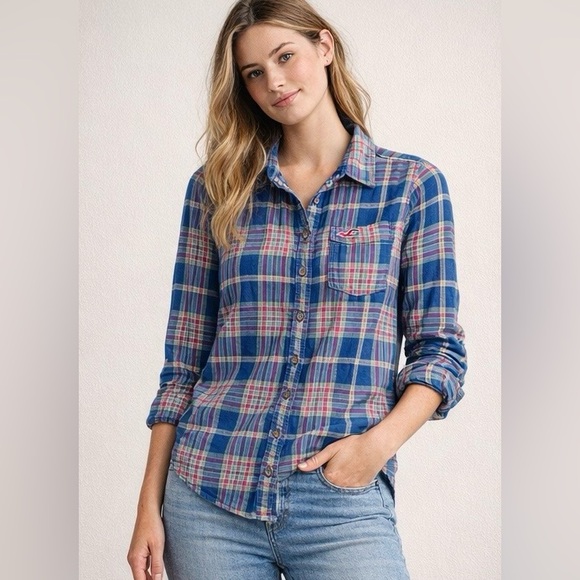Hollister Women’s Plaid Flannel Button-Up 100% Cotton Shirt Blue & Pink - Large - Picture 3 of 11